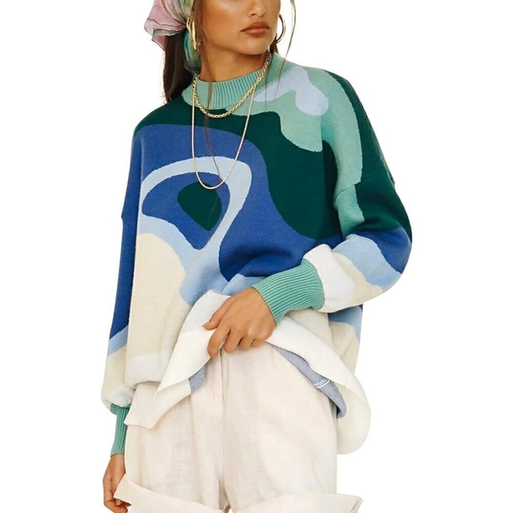 Boutique‎ Blue & Green Swirl Print Crewneck Sweater M